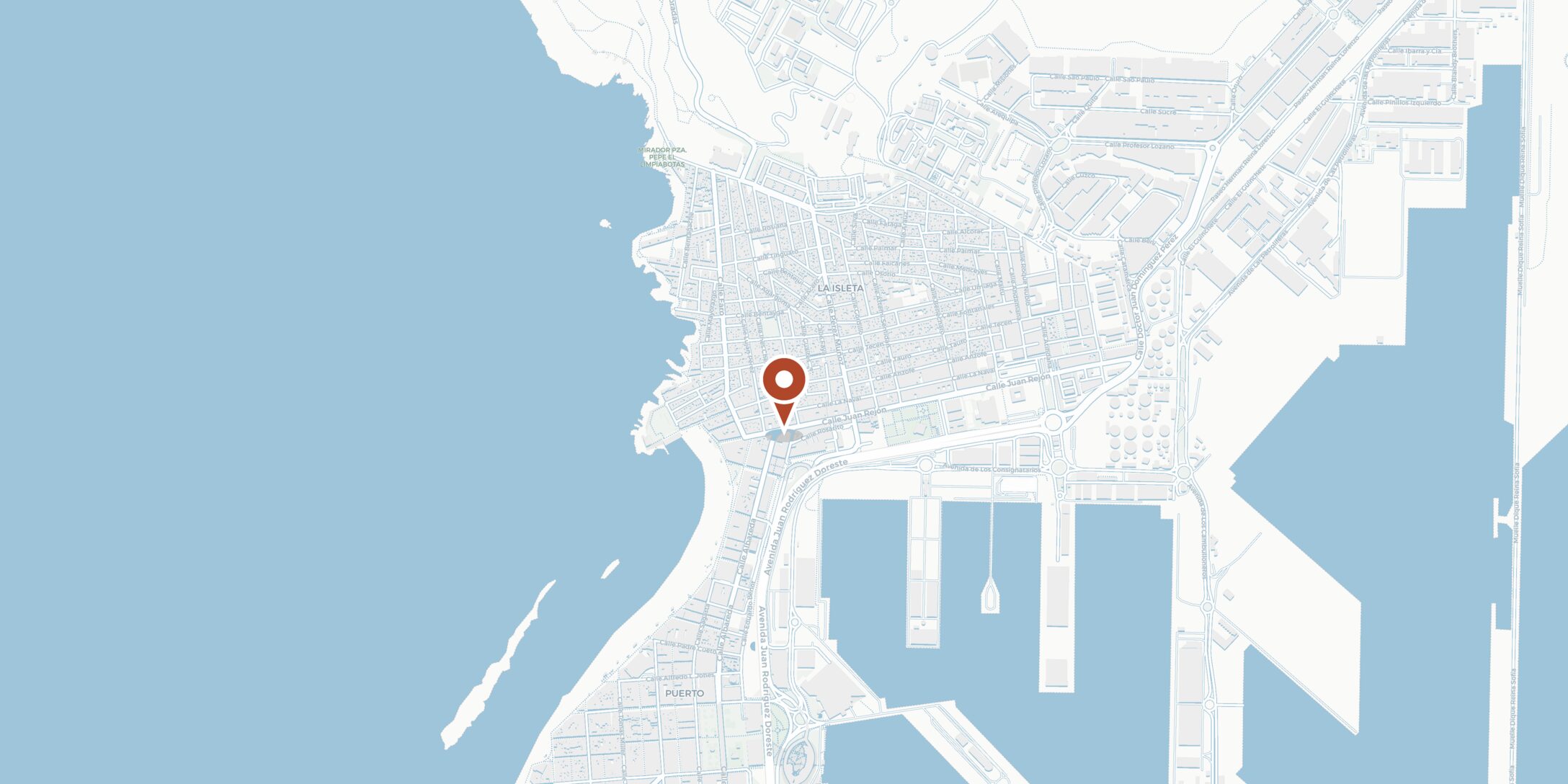 Map of La Isleta with FICO pinned on Calle Prudencio Morales, three streets from Las Canteras beach